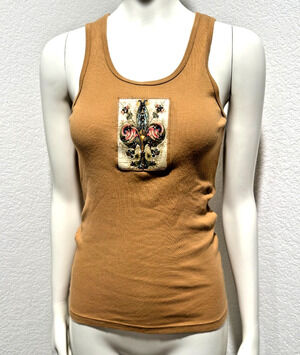 Y2K Boho Rib Tank Top KBD Design Studio Tan Jeweled Handmade USA Sz S/M Applique